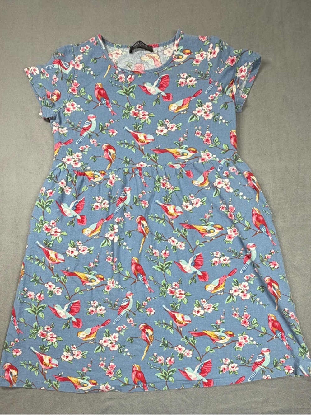 Gracila Blue Floral & Bird Short Sleeve Casual Dress